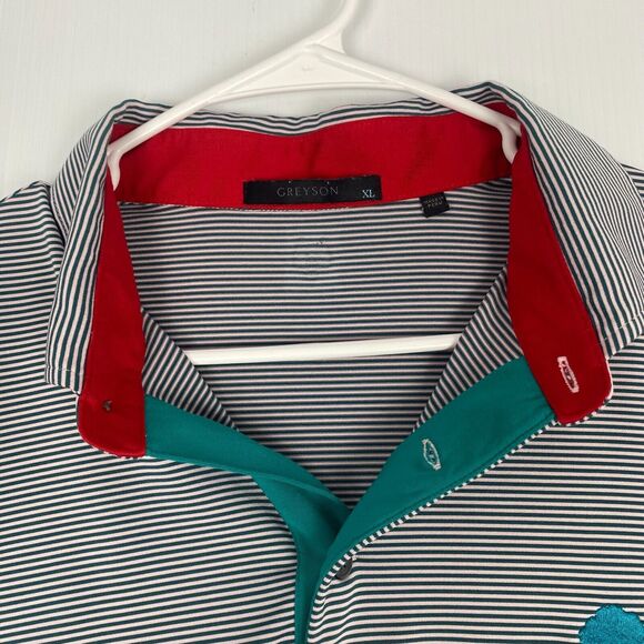 Greyson Mens Polo Golf Shirt Size XL Green Striped Wolf ‎ Logo Stretch Lightweig - Picture 4 of 16